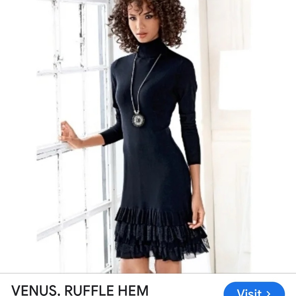 VENUS Black Bodycon Ruffled Knee-Length Dress with Long Sleeves